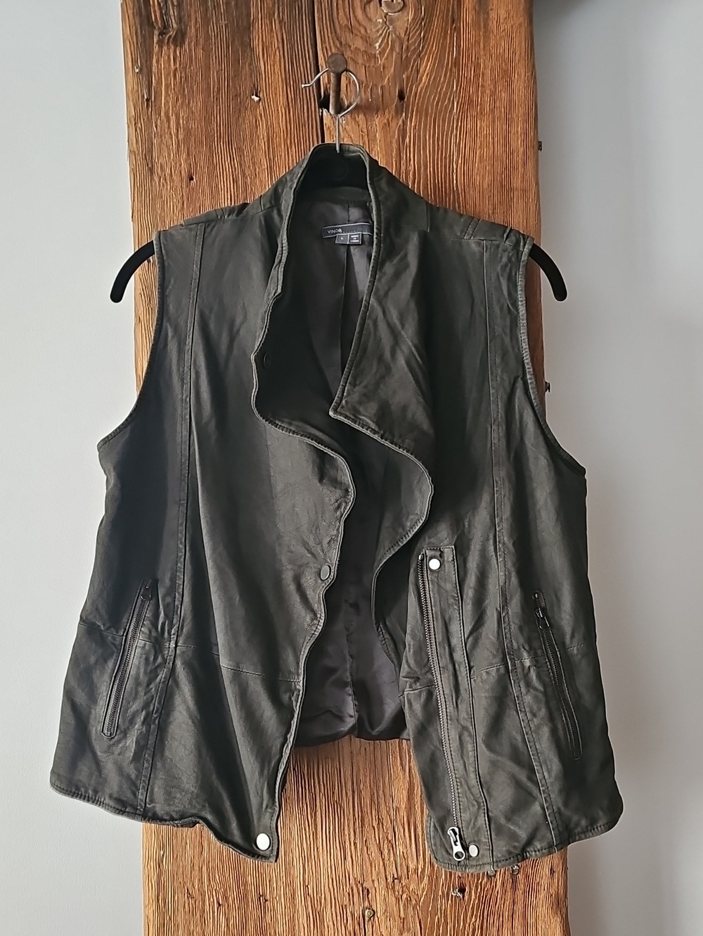 Vince Leather Draped Vest Olive Green Dark Gray Women's LARGE